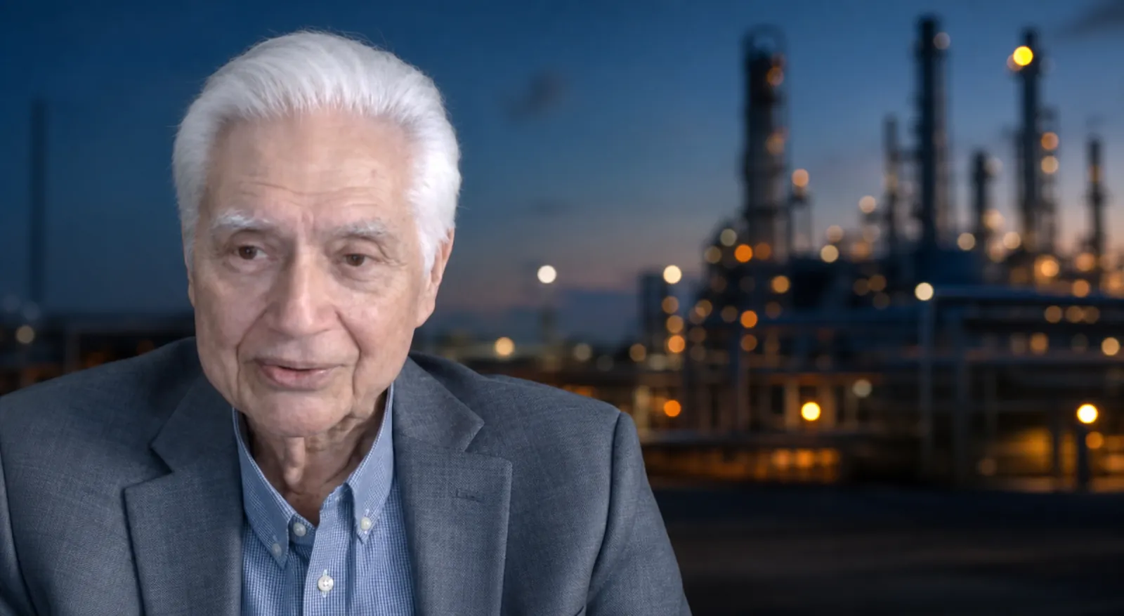 Evanan Romero con instalaciones petroleras al fondo